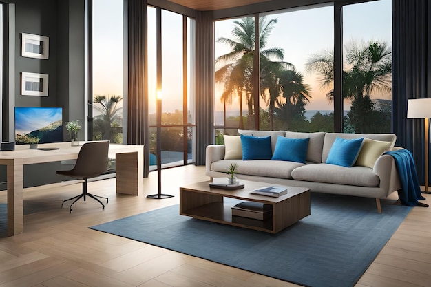 A living room with a large window that has a view of the ocean.