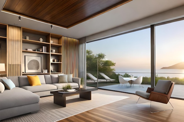 A living room with a large window that has a view of the ocean.