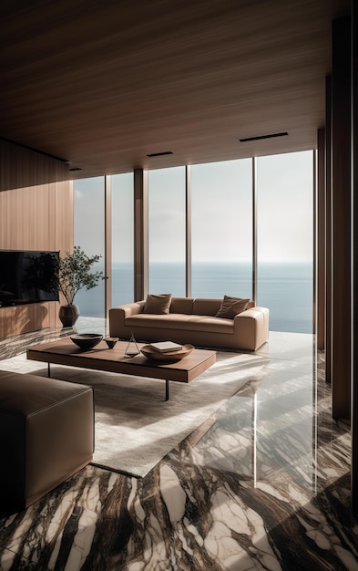 A living room with a large window that has a view of the ocean.