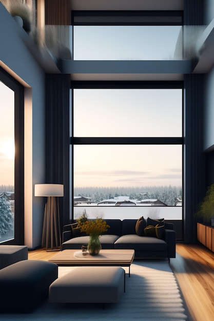 A living room with a large window that has a view of the snow outside.