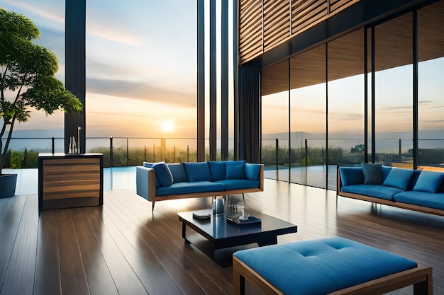 A living room with a large window that has a view of the sunset.