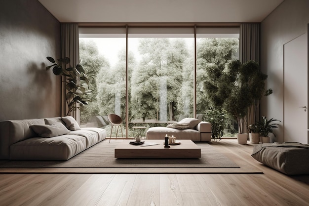 A living room with a large window that has a view of the trees outside.