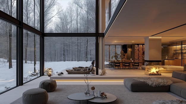 a living room with a large window that has a view of the woods