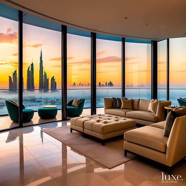 a living room with a large window that says new york city