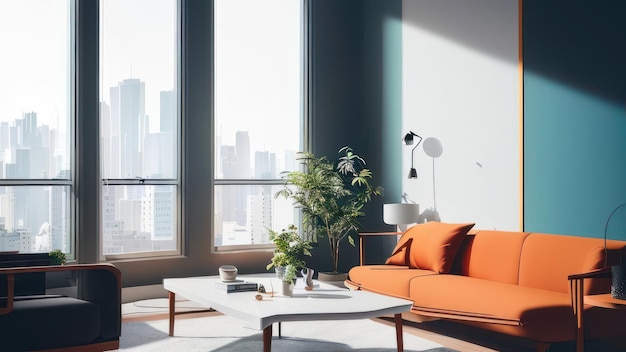 A living room with a large window that says'smart'on it