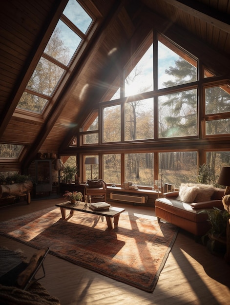 A living room with a large window that says'the word home'on it