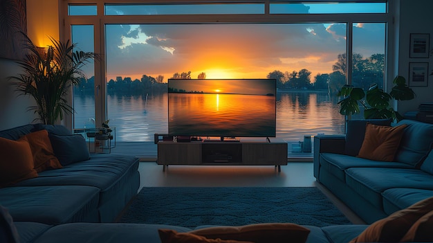 A living room with a large window and a tv on a stand in front of a lake at sunset uhd 8 k video