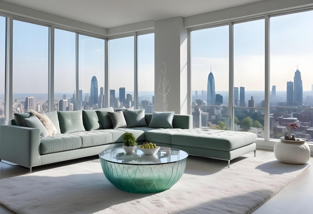 a living room with a large window and a view of the city