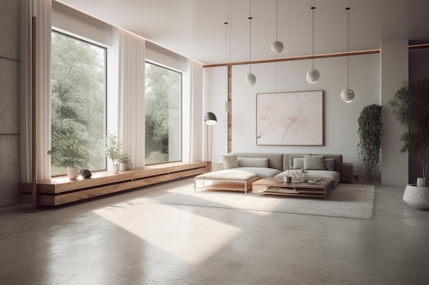 A living room with a large window and a white couch with a white lamp on it.