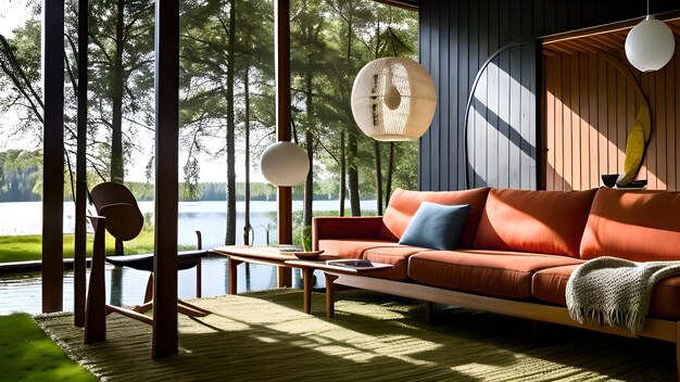 A living room with a large window and a wooden table with a lamp on it