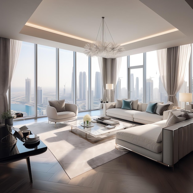 a living room with large windows and a large city view