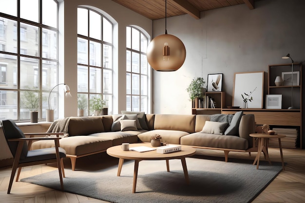 A living room with a large wooden table and a large lamp hanging above it.