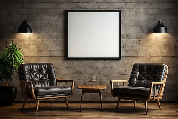 A living room with leather chairs and a blank picture on the wall