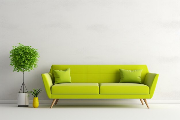 Living room with lime green sofa and white walls