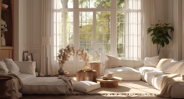 a living room with lots of white pieces of furniture and a window