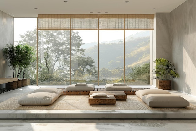 Living Room with Low Seating and Large Window Low seating large window and minimalist decor Bright and open space