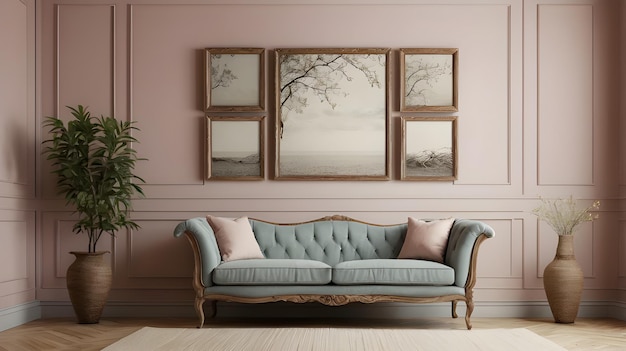 a living room with luxurious couch and a picture on the plain pastel wall