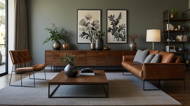 Photo living room with a mix of metal and wood furniture