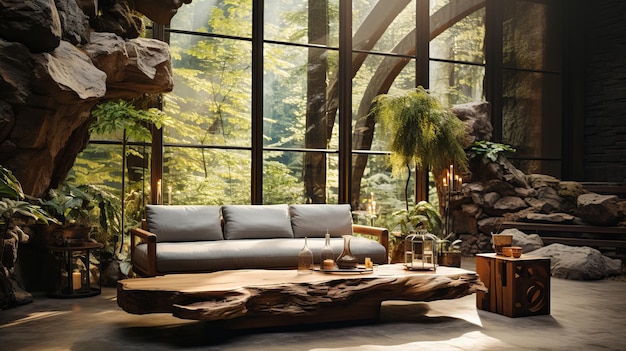 Photo a living room with a natureinspired decor featuring a wooden coffee table a modern sofa and large windows with a view of forest backdrop