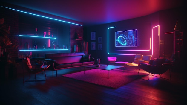 A living room with neon lights and a couch.