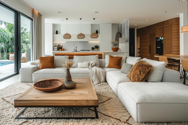 Living Room with Neutral Sofa and Coffee Table Neutral sofa minimalist coffee table and clean lines Open bright space