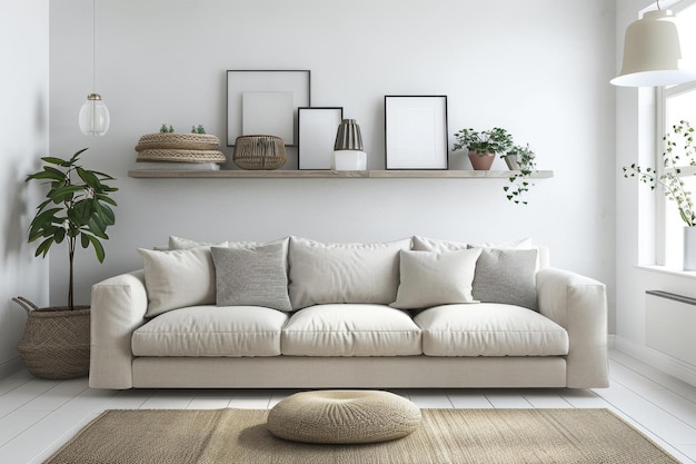 Living Room with Neutral Sofa and Minimalist Shelving A minimalist living room mockup featuring a neutral sofa and simple shelves