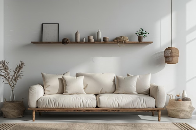 Living Room with Neutral Sofa and Minimalist Shelving A minimalist living room mockup featuring a neutral sofa and simple shelves