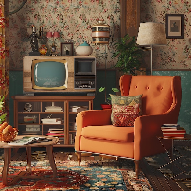 Photo a living room with a orange chair and a tv on the wall