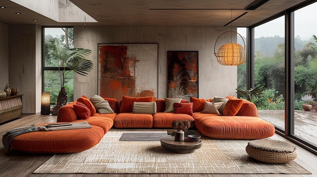 a living room with orange couches and a table with a lamp on it