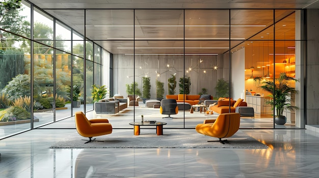 a living room with orange furniture and a large window