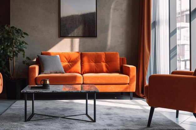 A living room with orange furniture and a picture of a mountain view