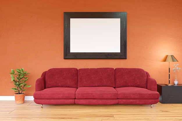 Living room with orange wall and red sofa with picture frame mock up 3d rendered illustration