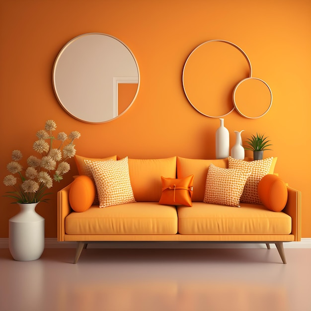 A living room with orange walls and a couch with pillows and a plant on it.