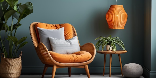 a living room with orange and white furniture and a lamp