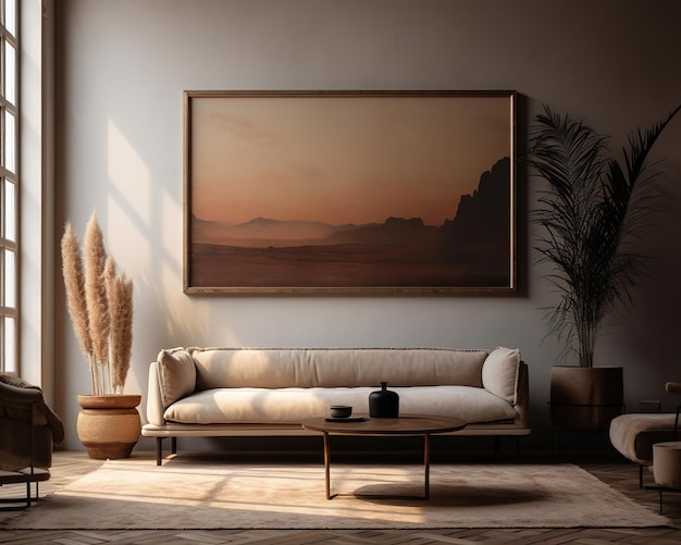 A living room with a painting of a desert scene.