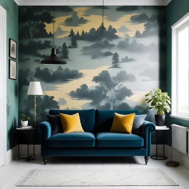 a living room with a painting of a landscape and a blue couch