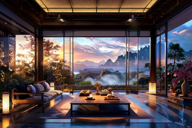 a living room with a painting of a mountain scene and a painting of a landscape