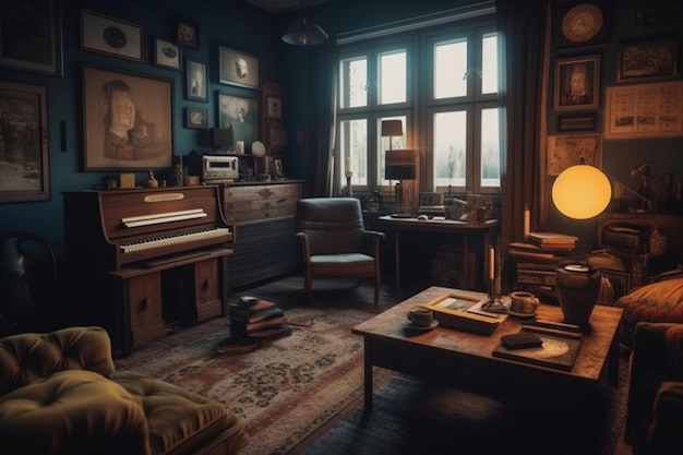 A living room with a piano and a clock on the wall