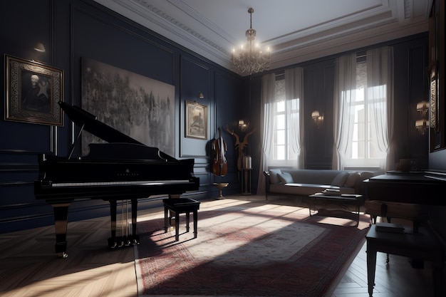 A living room with a piano in the middle of it