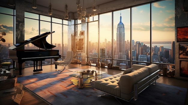 A living room with a piano and a view of the empire state building.