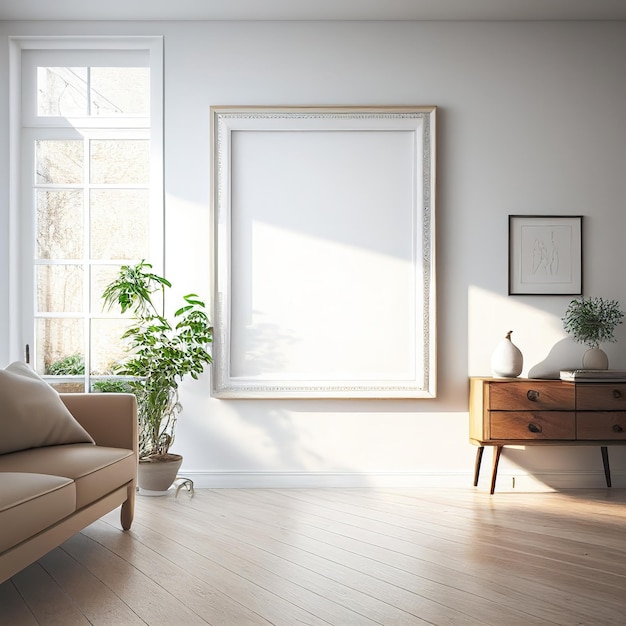 A living room with a picture frame and a plant on the wall.