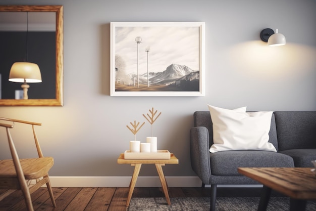 A living room with a picture of mountains on the wall