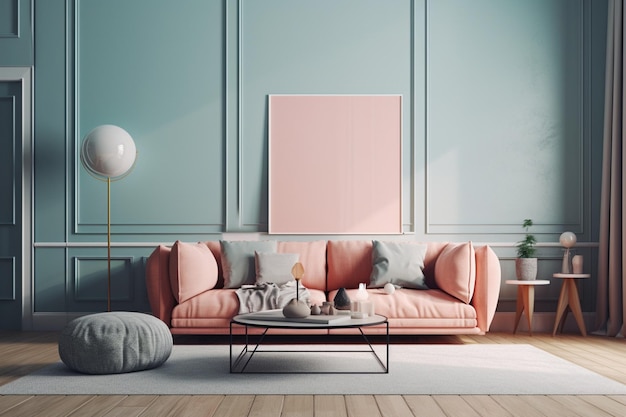 A living room with a pink couch and a coffee table.