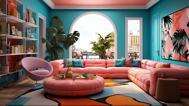 a living room with a pink couch and a large pink couch