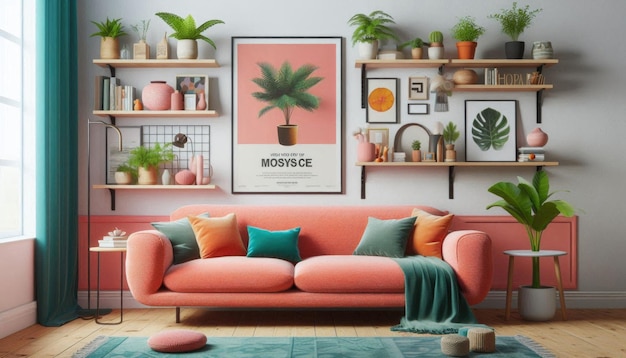 a living room with a pink couch and a picture of a plant on the wall