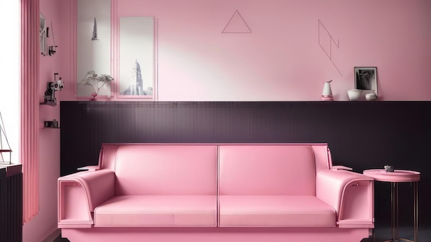 A living room with a pink couch and a pink wall with a mirror that says'pink'on it.