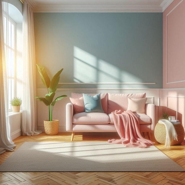 a living room with a pink couch and a plant on the floor