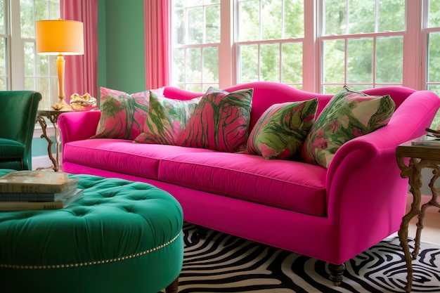 A living room with a pink couch and a zebra print rug Generative AI image