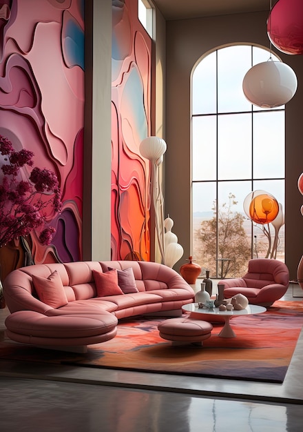 a living room with pink couches and a window with a pink couch and a pink couch