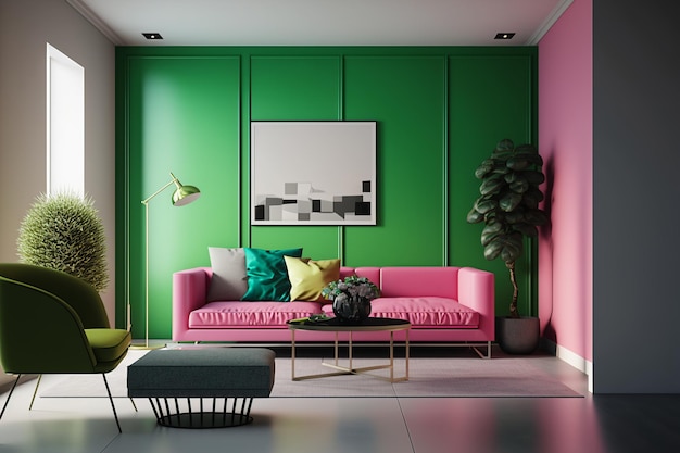 A living room with a pink sofa and a green wall with a picture of a plant on it.